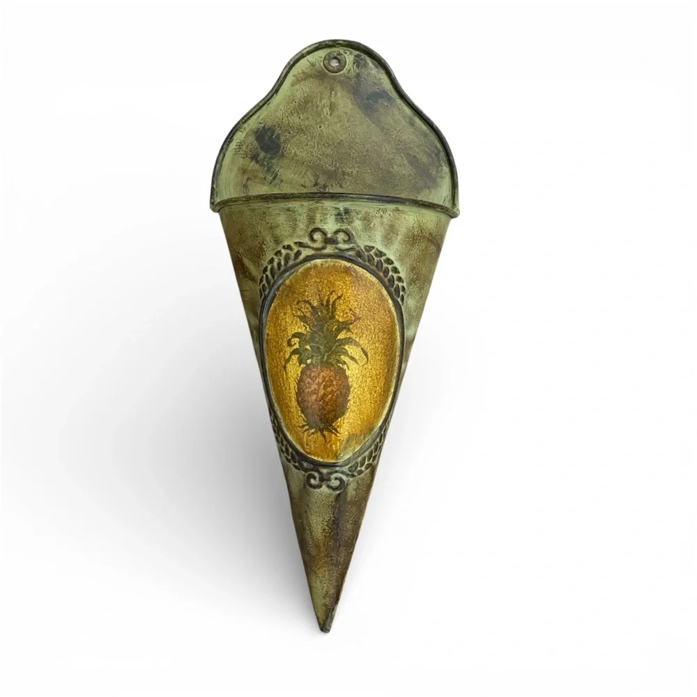 Tin Distressed Look Cone Shaped Wall Pocket Planter - Pineapple Embossed